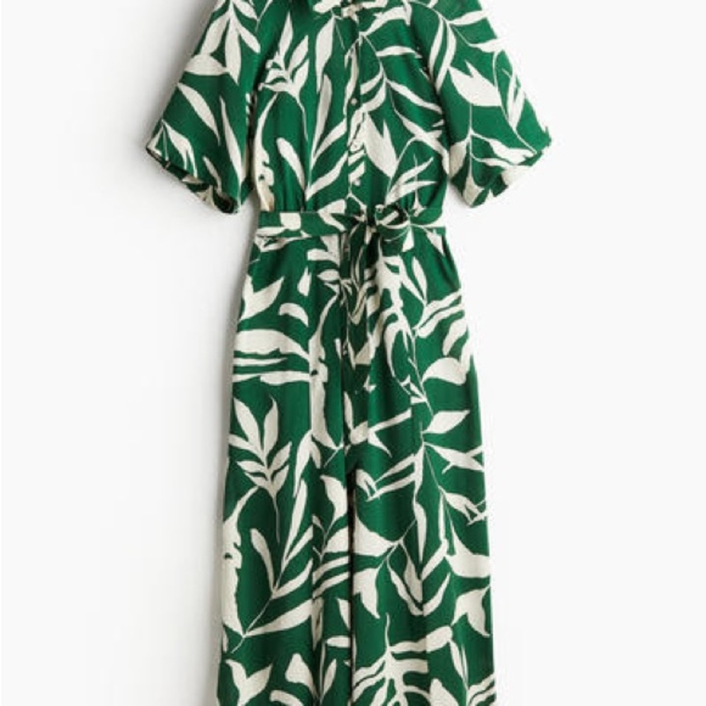 Green and White Printed Button-Front Midi Dress with Tie Waist